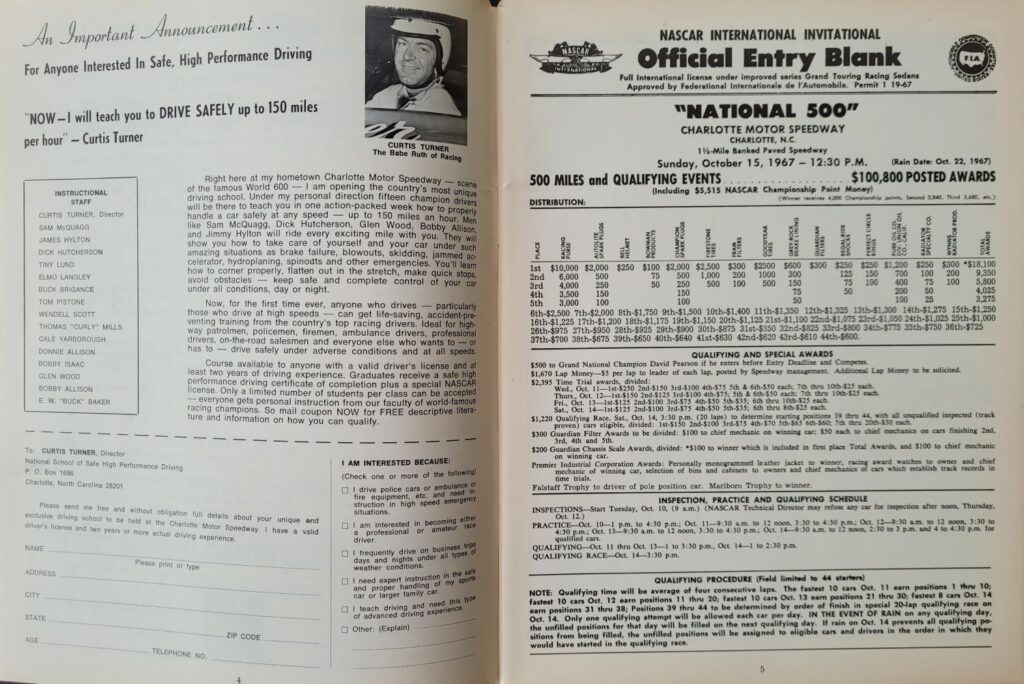 1967 NASCAR Charlotte National 500 Program - Pages 4-5.