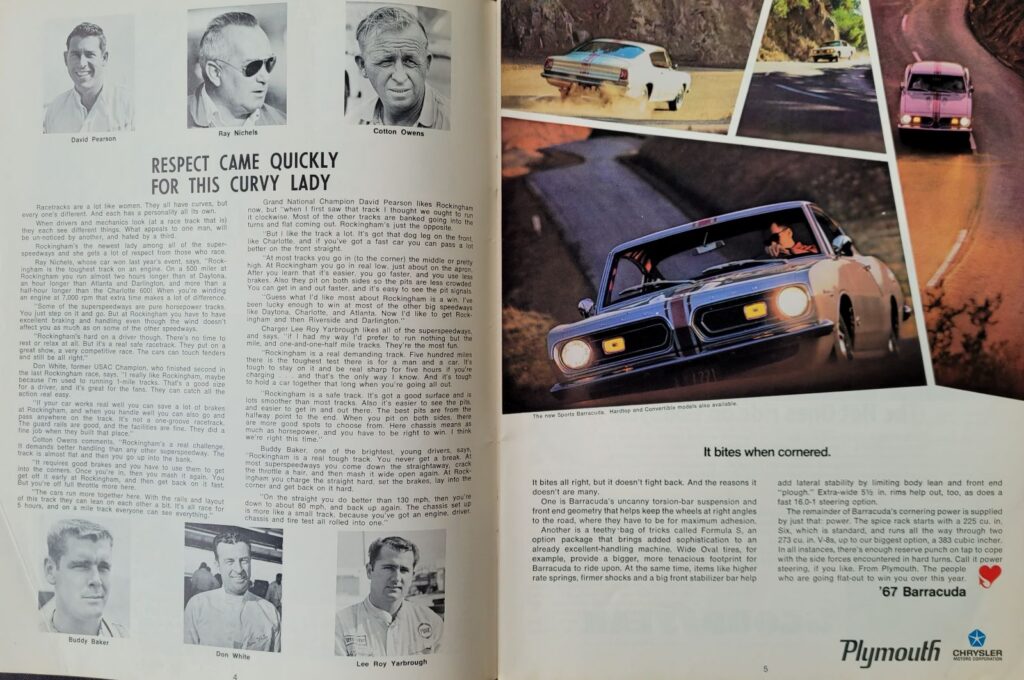1967 NASCAR North Carolina Motor Speedway Carolina 500 Program - Pages 4-5.