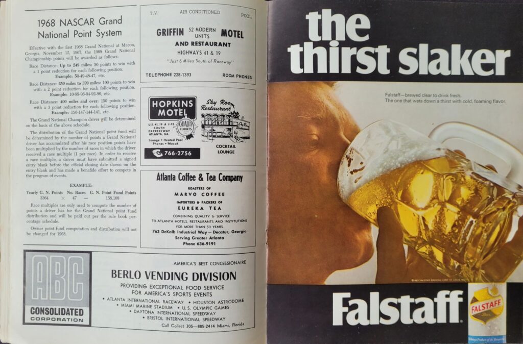1968 NASCAR Atlanta Dixie 500 Program - NASCAR Point System.