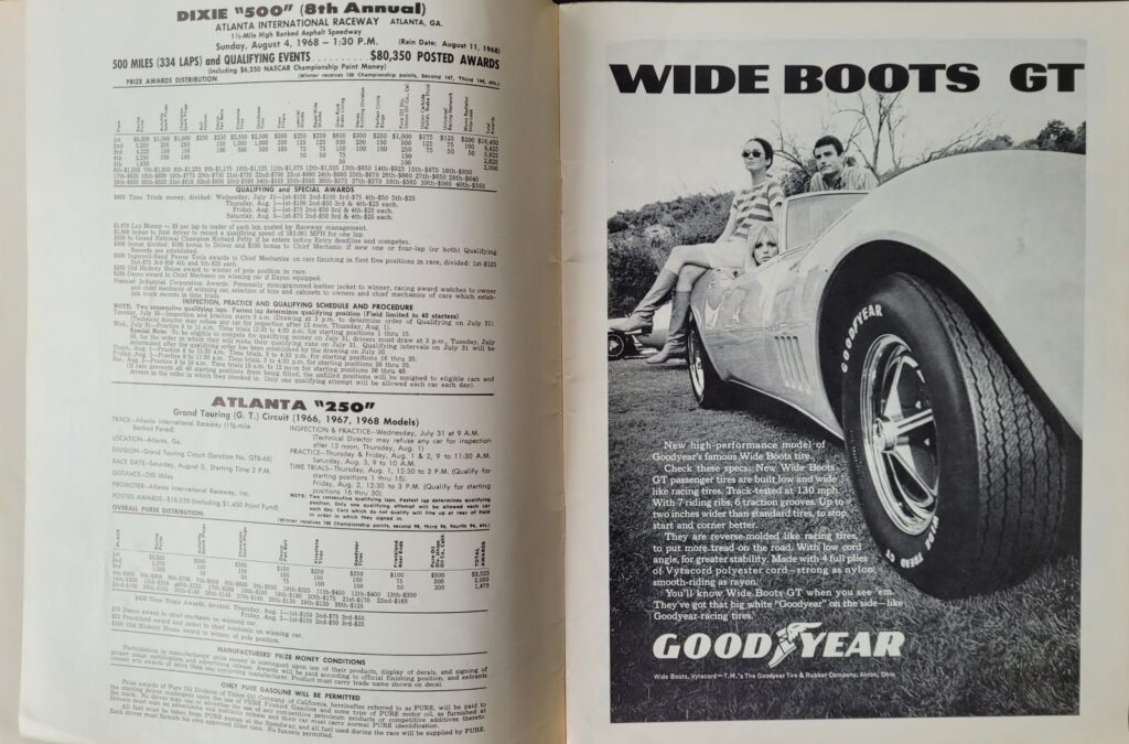 1968 NASCAR Atlanta Dixie 500 Program - Posted Awards.