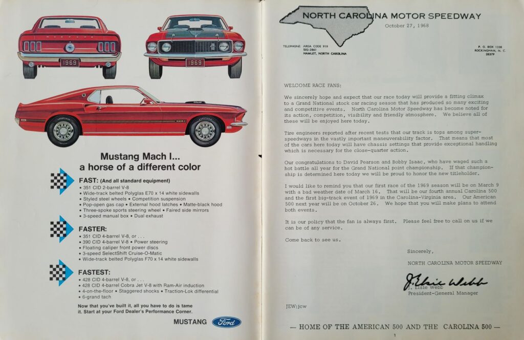 1968 NASCAR North Carolina Motor Speedway American 500 Program - Page 1.