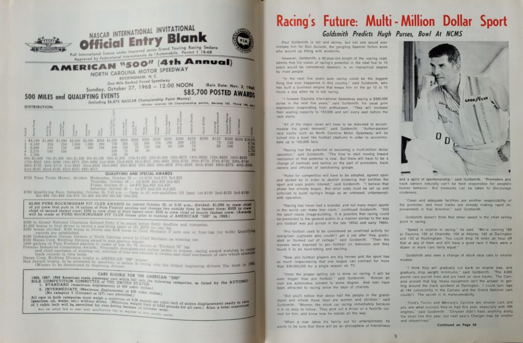 1968 NASCAR North Carolina Motor Speedway American 500 Program - Pages 4-5.