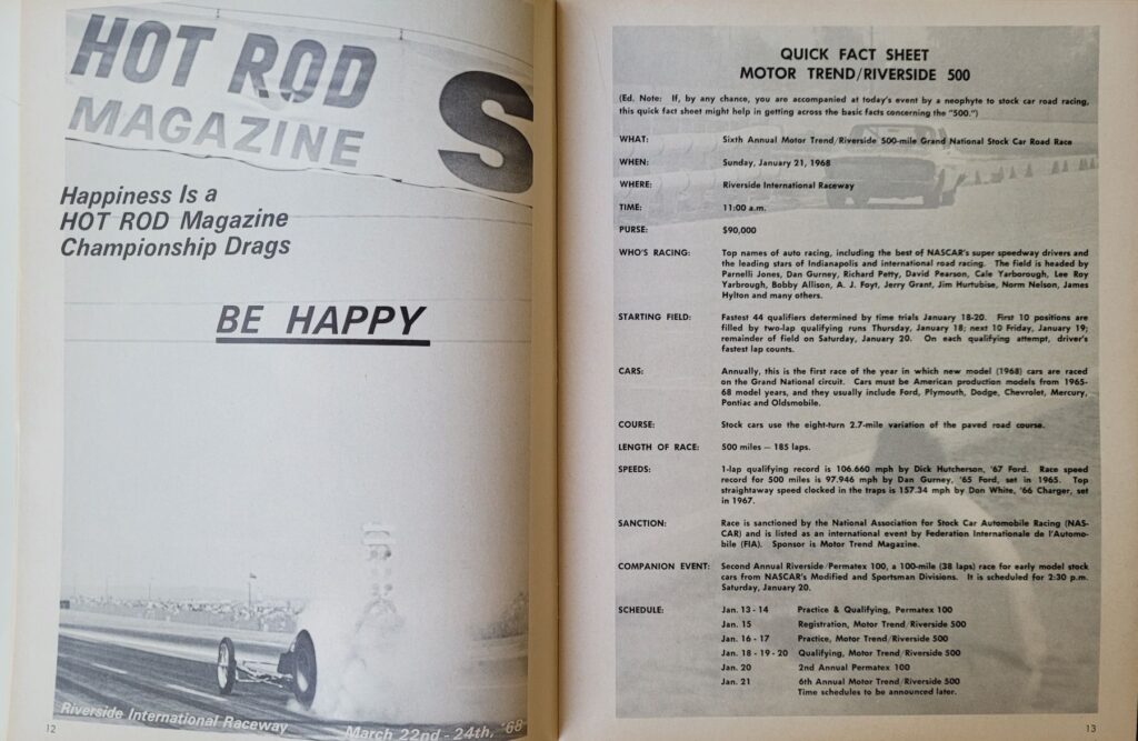 1968 NASCAR Riverside Motor Trend 500 Program - Pages 12-13.