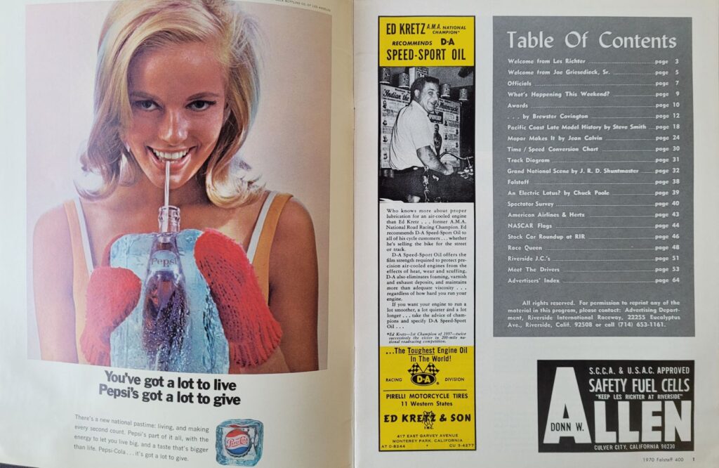 1970 NASCAR Riverside Falstaff 400 Program - Page 1.