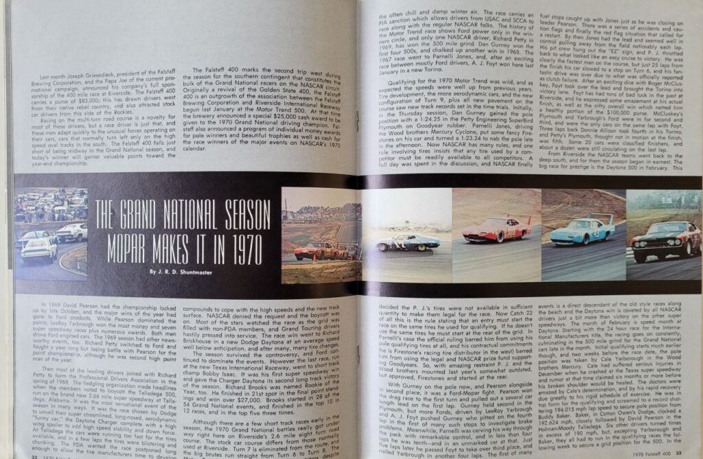1970 NASCAR Riverside Falstaff 400 Program - Pages 32-33.