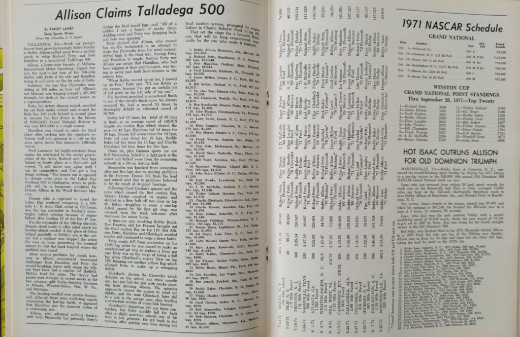 1971 NASCAR Dover Delaware 500 Program - Remaining Schedule.