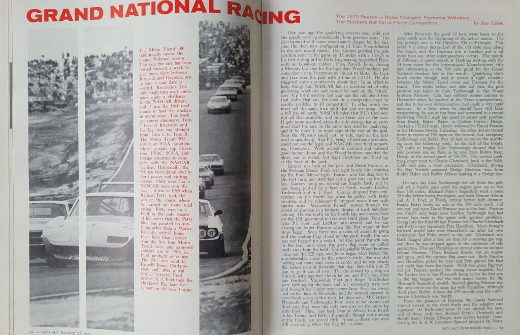 1971 NASCAR Riverside Motor Trend 500 Program - Pages 18-19.