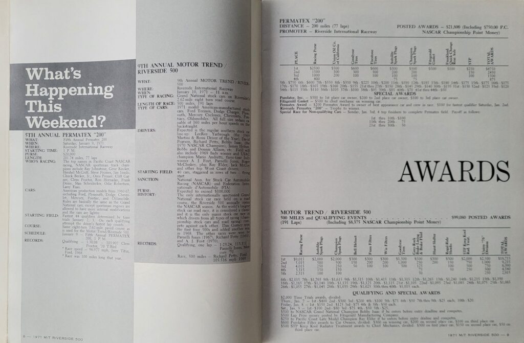 1971 NASCAR Riverside Motor Trend 500 Program - Pages 8-9.