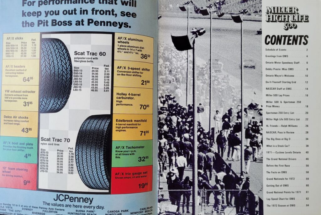 1972 NASCAR Ontario Miller High Life 500 Program - Page 1.