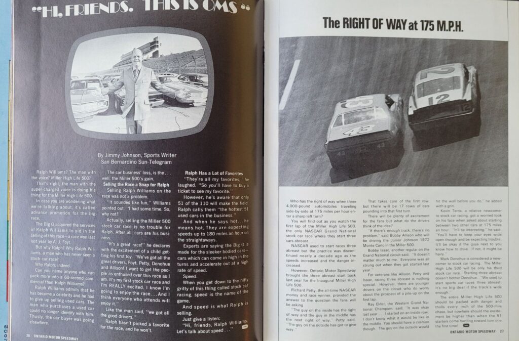 1972 NASCAR Ontario Miller High Life 500 Program - Pages 26-27.