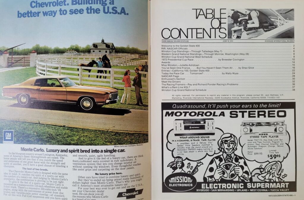 1972 NASCAR Riverside Golden State 400 Program - Page 1.