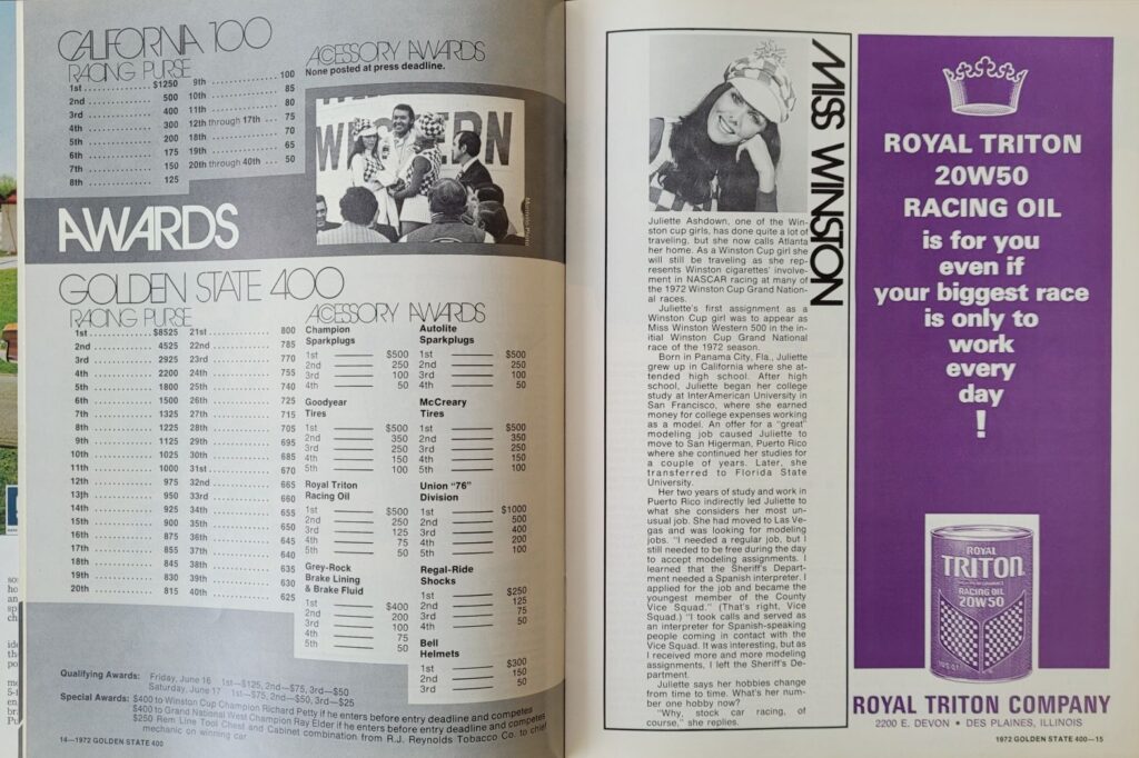 1972 NASCAR Riverside Golden State 400 Program - Pages 14-15.