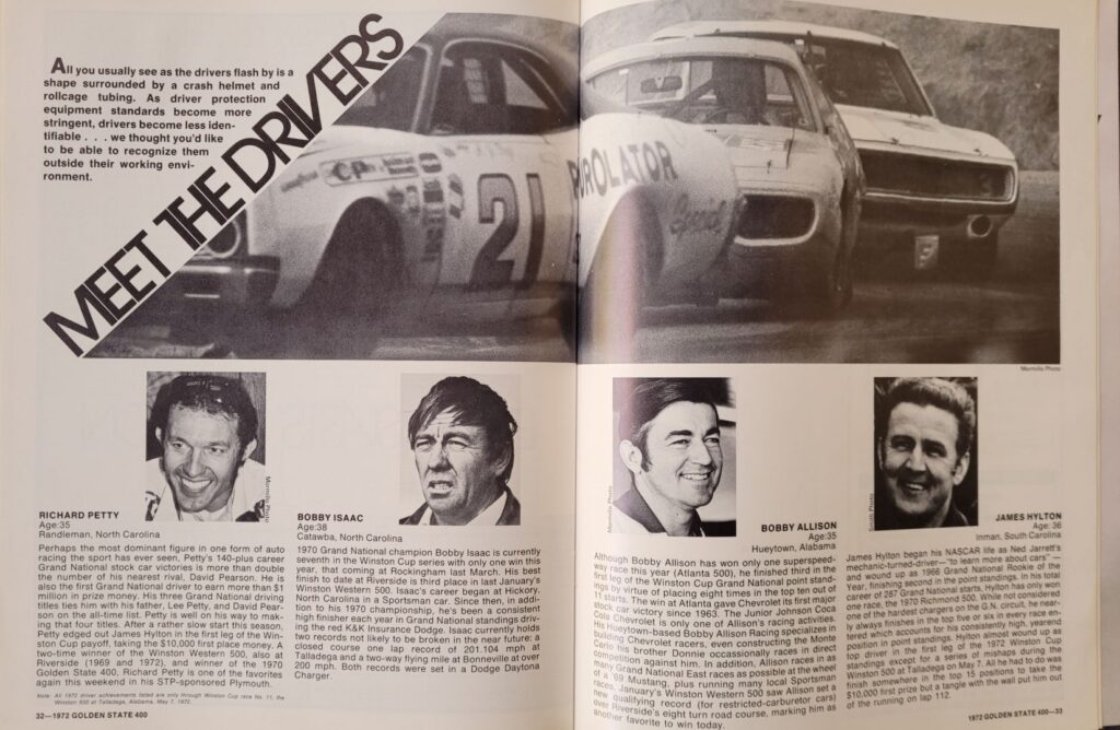 1972 NASCAR Riverside Golden State 400 Program - Pages 32-33.