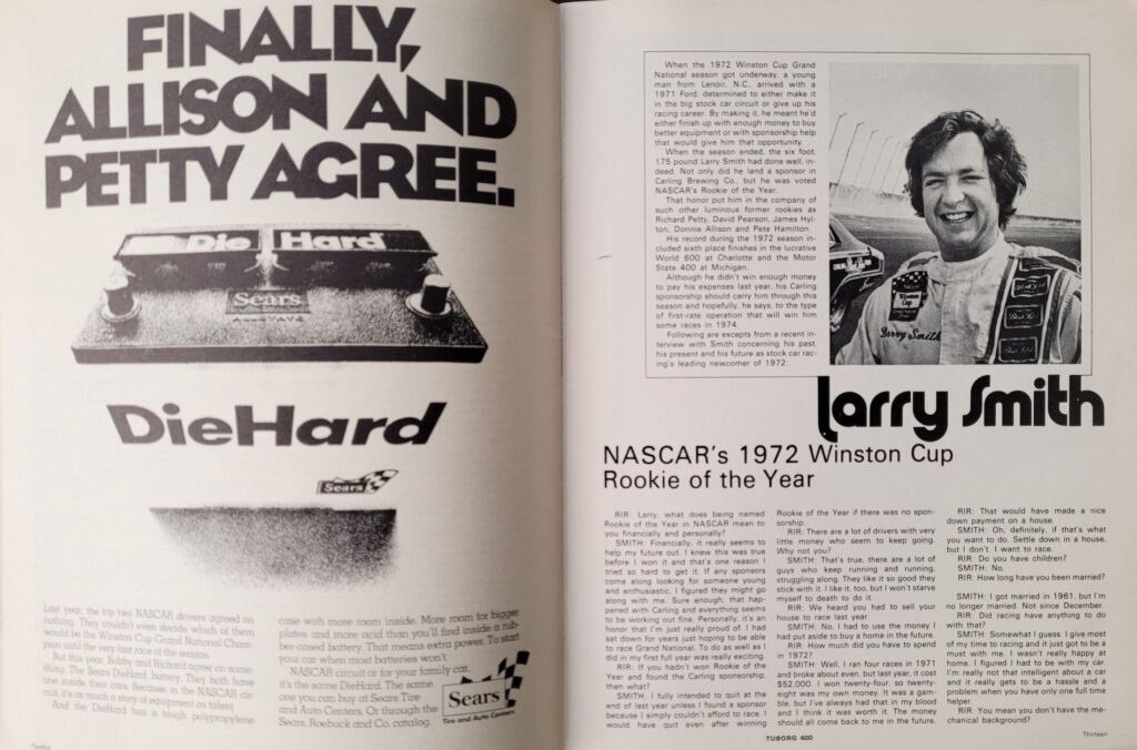 1973 NASCAR Riverside Tuborg 400 Program - Pages 12-13.