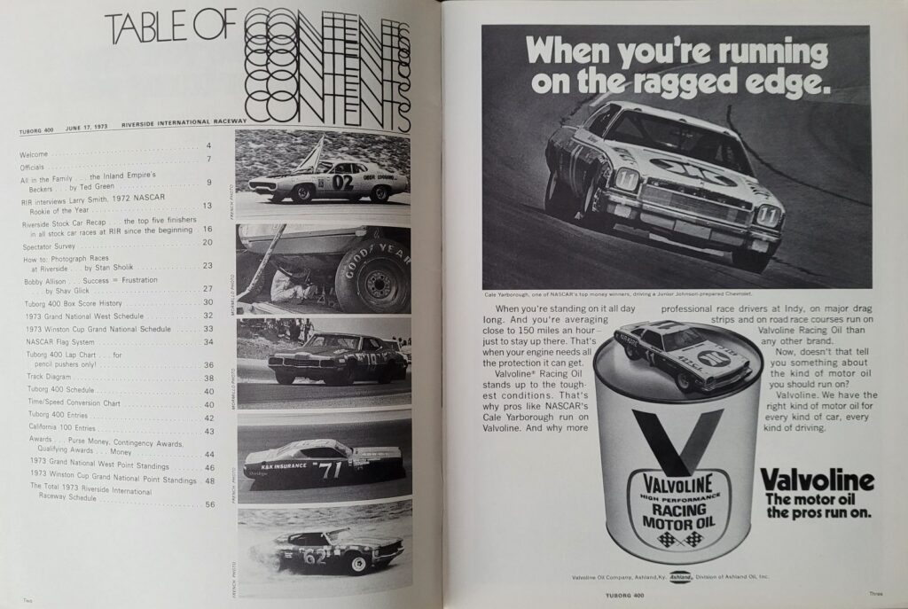 1973 NASCAR Riverside Tuborg 400 Program - Pages 2-3.