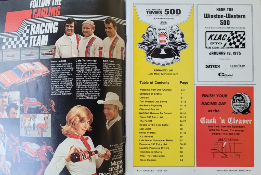 1974 NASCAR Ontario LA Times 500 Program - Page 1.