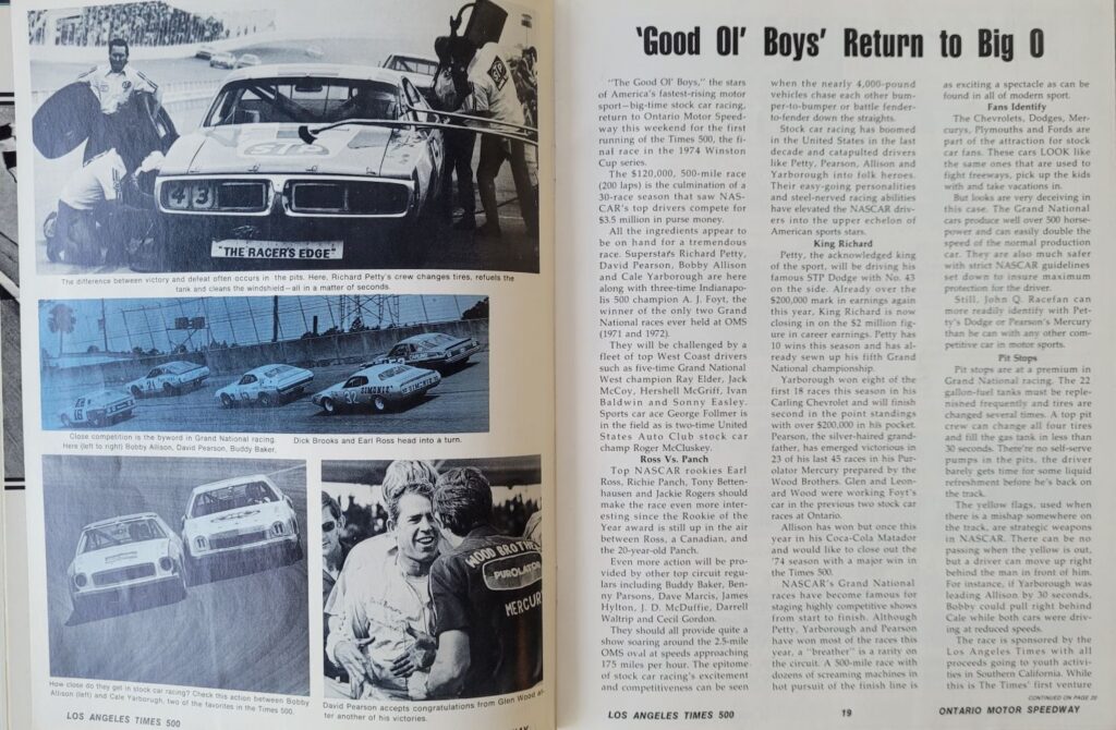 1974 NASCAR Ontario LA Times 500 Program - Pages 18-19.
