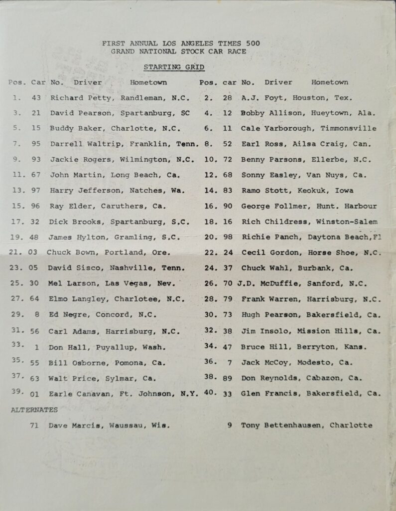 1974 NASCAR Ontario LA Times 500 Starting Lineup.