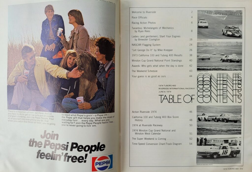 1974 NASCAR Riverside Tuborg 400 Program - Page 1.