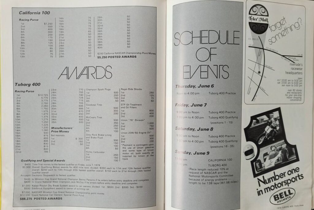 1974 NASCAR Riverside Tuborg 400 Program - Pages 42-43.