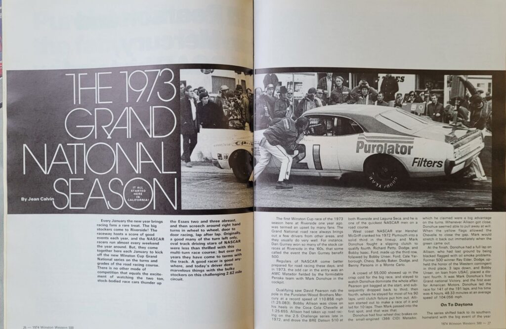 1974 NASCAR Riverside Winston Western 500 Program - 1973 Grand National Season.
