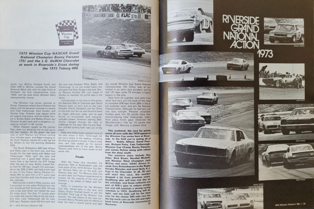 1974 NASCAR Riverside Winston Western 500 Program - Pages 38-39.