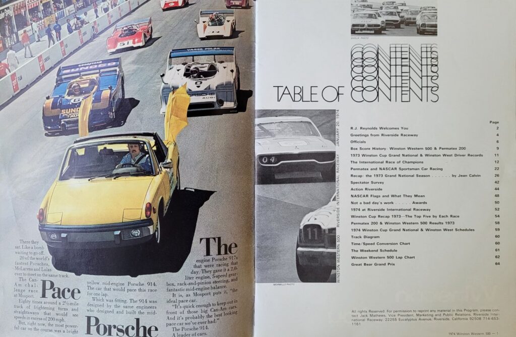 1974 NASCAR Riverside Winston Western 500 Program - Table of Contents