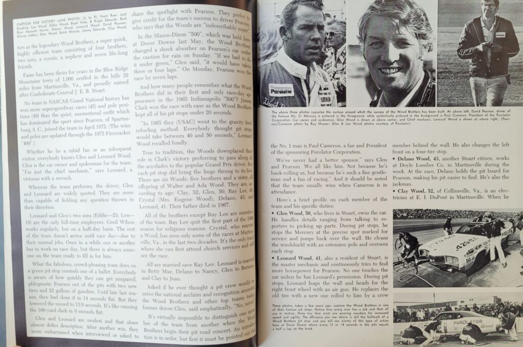 1975 NASCAR Dover Delaware 500 Program - Wood Brothers and David Pearson.