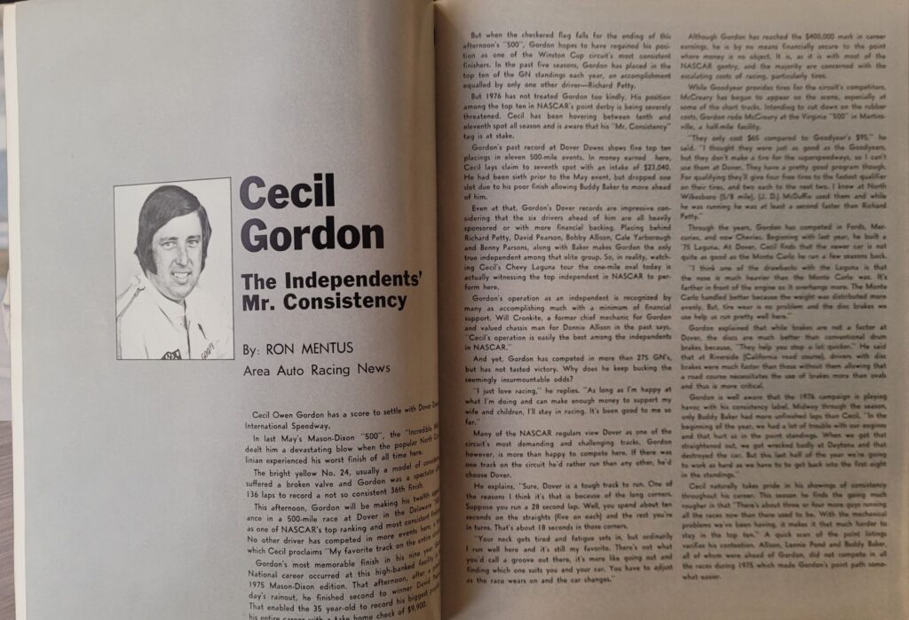 1976 NASCAR Dover Delaware 500 Program - Cecil Gordon.