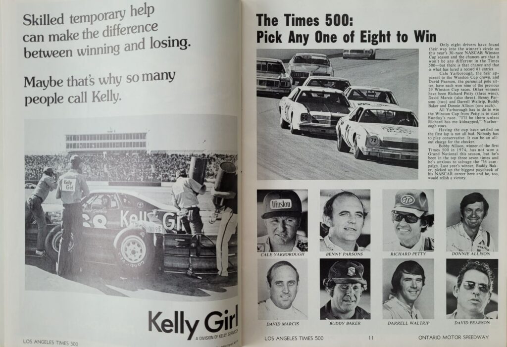 1976 NASCAR Ontario Los Angeles Times 500 Program - Pages 10-11.