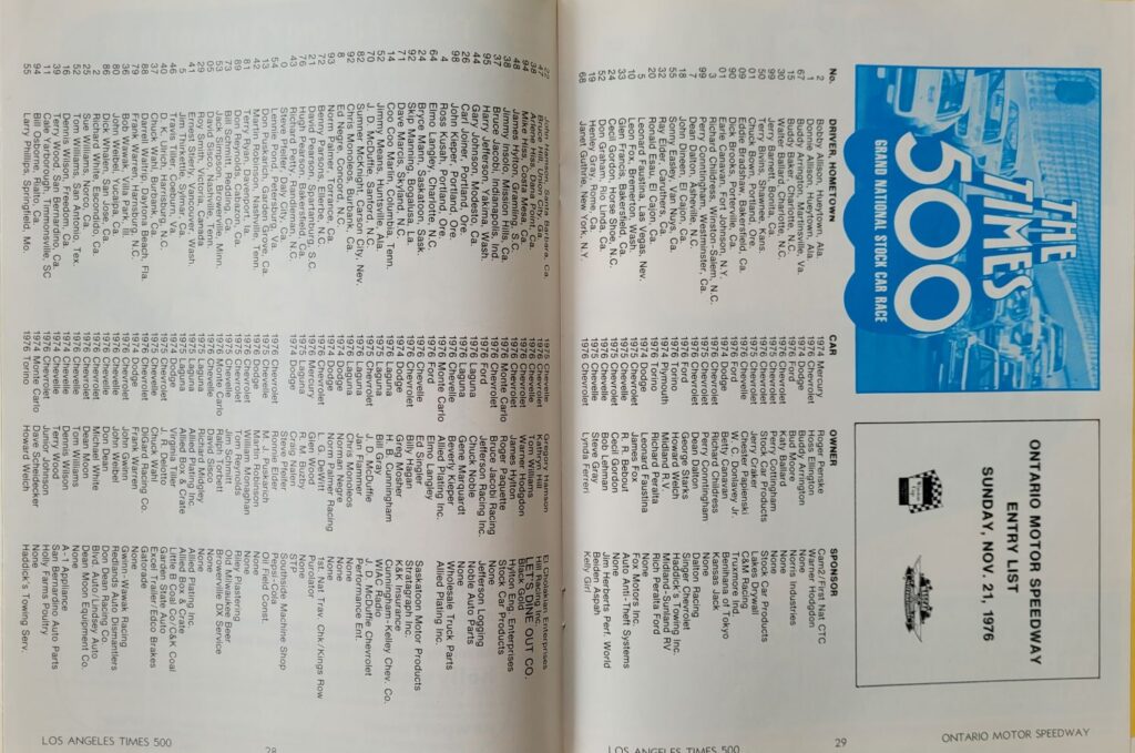 1976 NASCAR Ontario Los Angeles Times 500 Program - Pages 28-29.