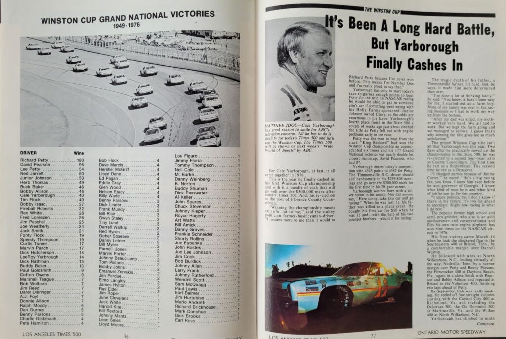 1976 NASCAR Ontario Los Angeles Times 500 Program - Pages 36-37.