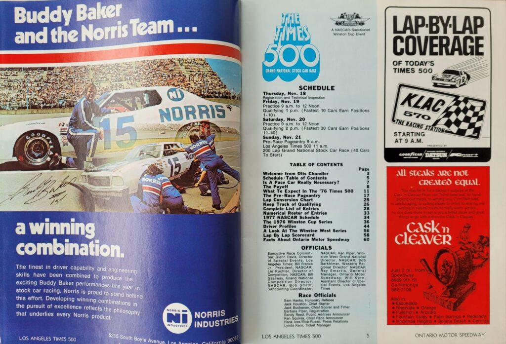 1976 NASCAR Ontario Los Angeles Times 500 Program - Pages 4-5.