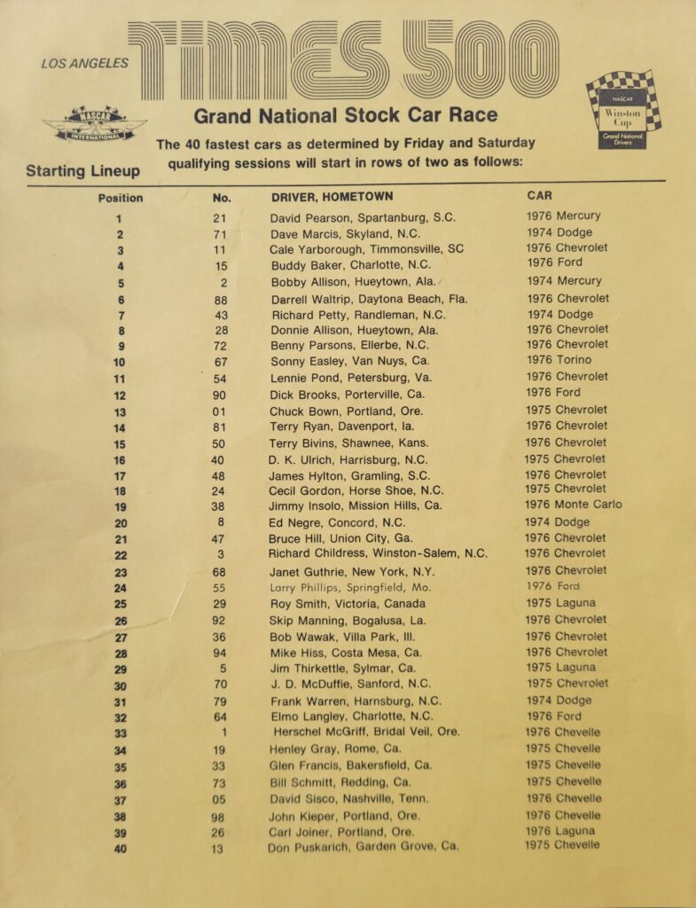 1976 NASCAR Ontario Los Angeles Times 500 Starting Lineup.
