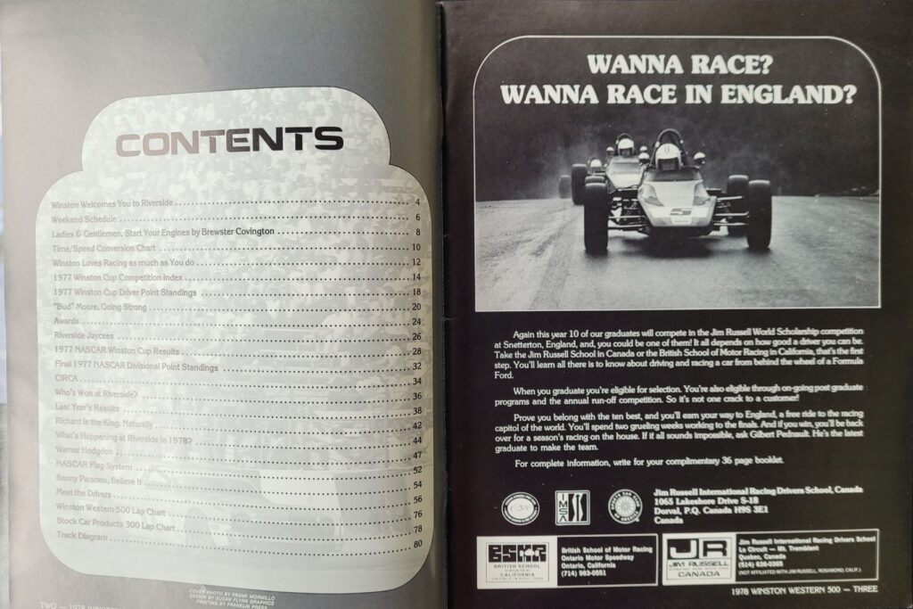 1978 NASCAR Riverside Winston Western 500 Program - Pages 2-3