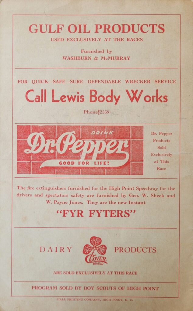1941 High Point Speedway Stock Car Race Program Back Cover