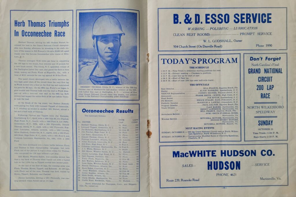 1951 NASCAR Martinsville Fall Program - Pages 2-3