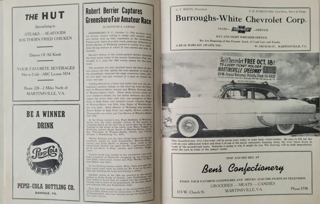 1953 NASCAR Martinsville Fall Program - Free Chevrolet