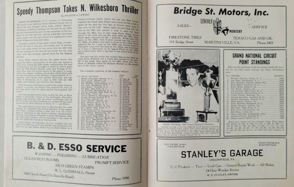 1953 NASCAR Martinsville Fall Program - Point Standings