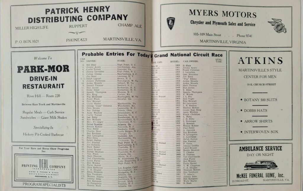 1953 NASCAR Martinsville Fall Program - Probable Entries