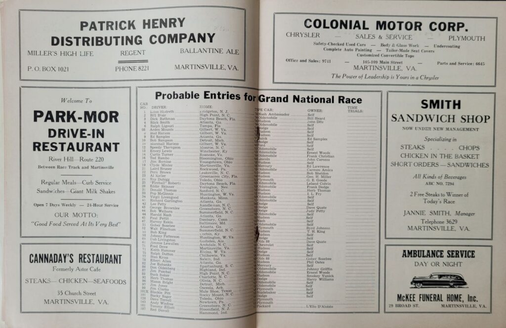 1954 NASCAR Martinsville Grand National Spring Program - Probable Entries