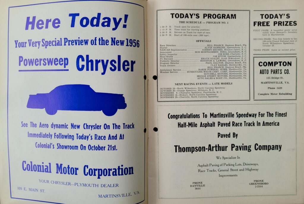 1955 NASCAR Martinsville Fall Program - Event Schedule