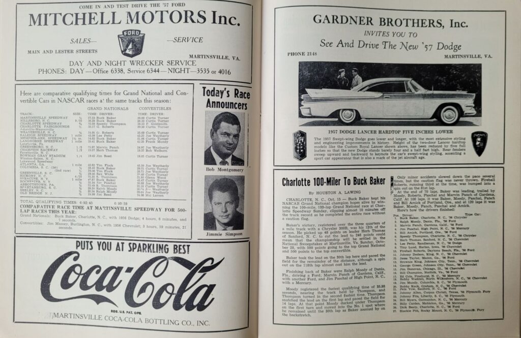 1956 NASCAR Martinsville Mixed 400 Program - Convertible Hardtop Comparison