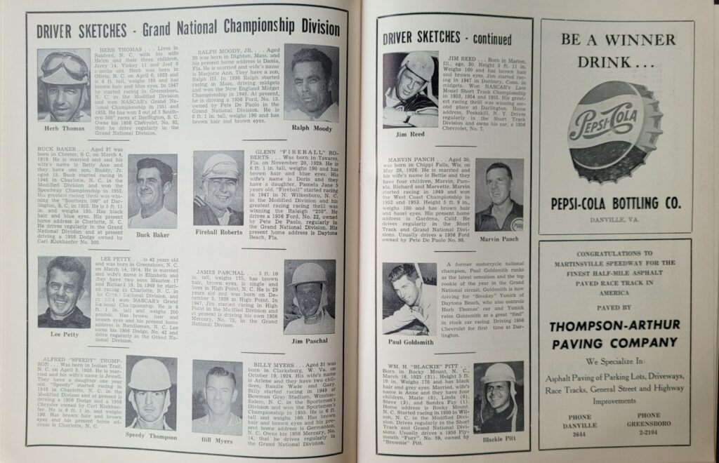 1956 NASCAR Martinsville Mixed 400 Program - Driver Sketches