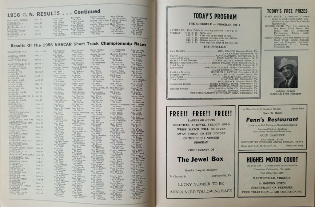1956 NASCAR Martinsville Mixed 400 Program - Event Schedule