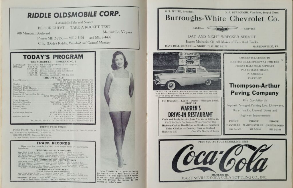 1957 NASCAR Martinsville Sweepstakes 500 Program - Event Schedule