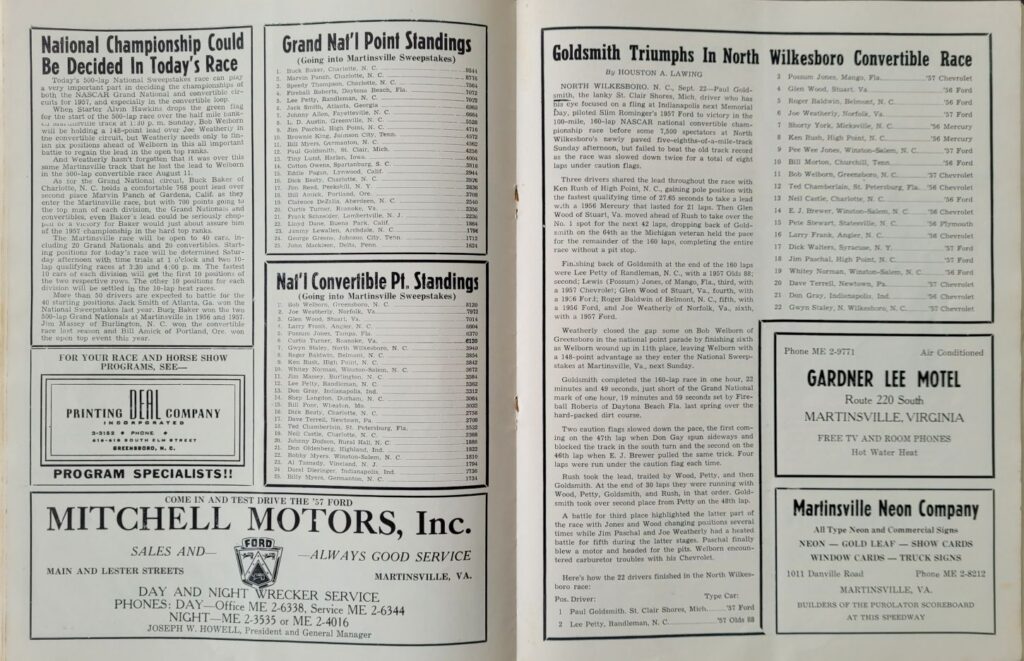 1957 NASCAR Martinsville Sweepstakes 500 Program - Point Standings