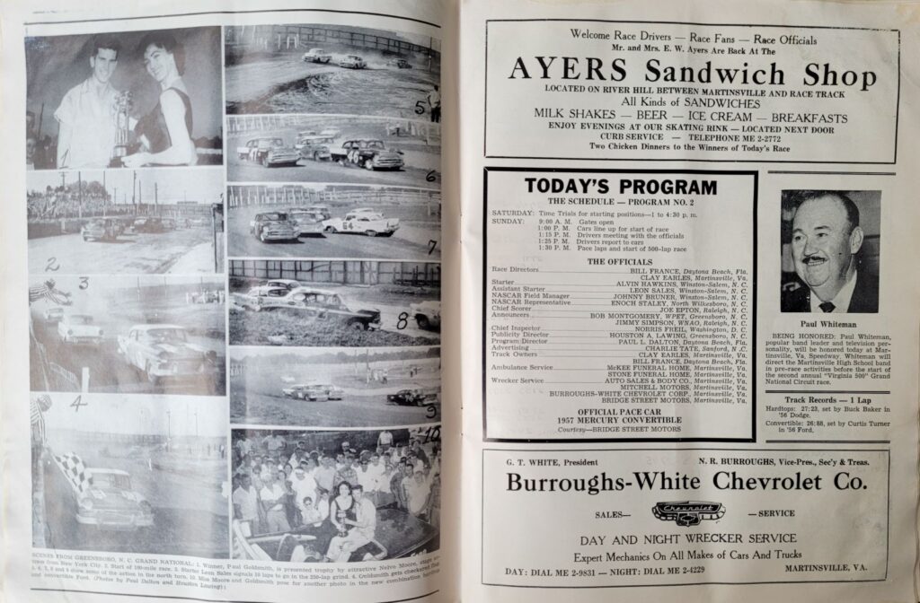 1957 NASCAR Martinsville Virginia 500 Program - Event Schedule