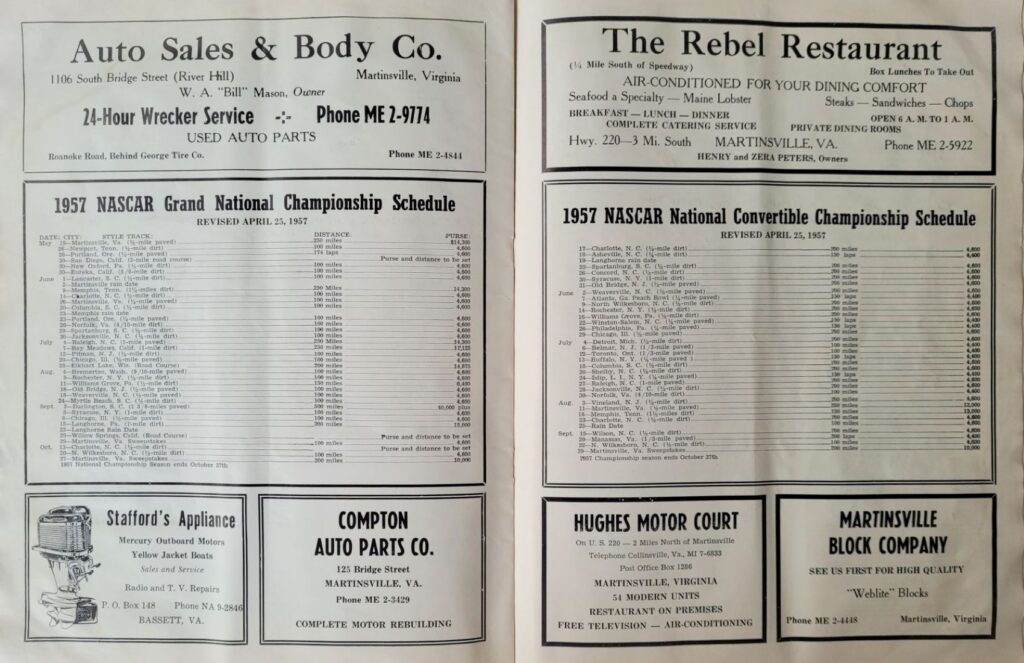 1957 NASCAR Martinsville Virginia 500 Program - Season Schedules