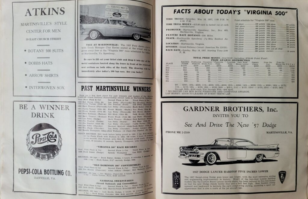 1957 NASCAR Martinsville Virginia 500 Program - Virginia 500 Facts